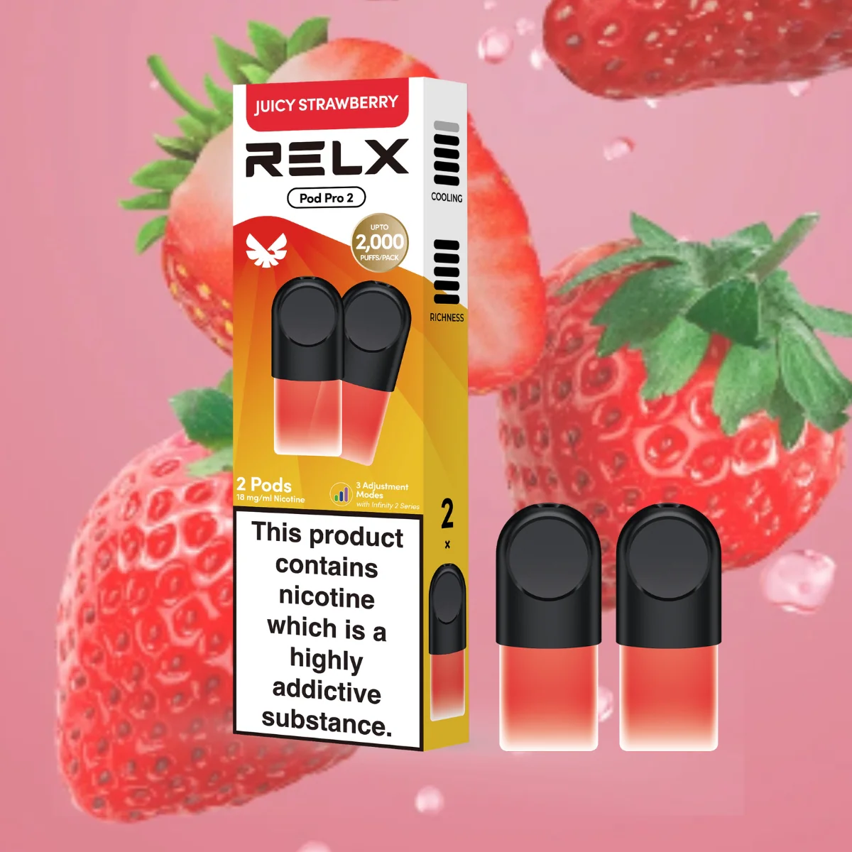 RELX Pod Pro Fruit Juicy Strawberry Burst Flavors 18mg/ml Nicotine - Six Pandas