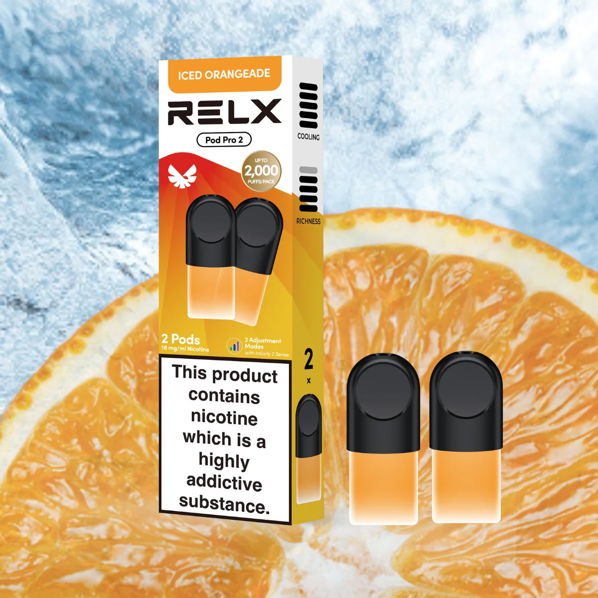 RELX Pod Pro Fruit Juicy Iced Orangeade Flavors 18mg/ml Nicotine - Six Pandas